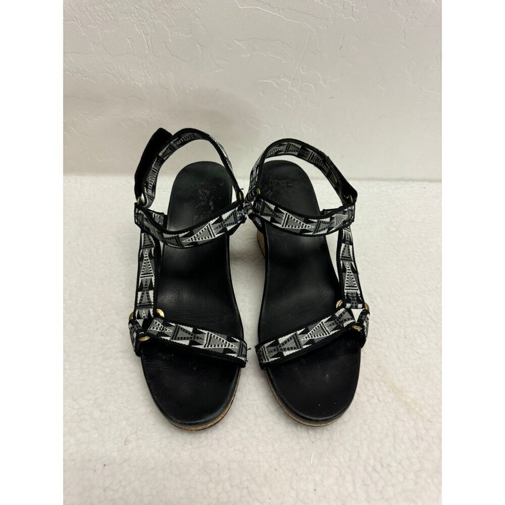 Teva F191116A Black Patterned Straps Wedge Sandals Womens Size 8.5‎